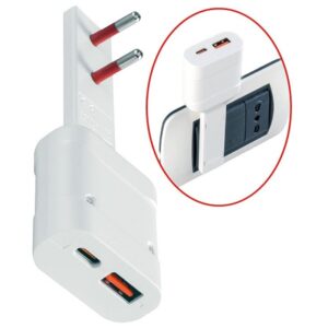 Caricatore ultrapiatto con spina 2 poli 10A e doppia presa: USB e USB-C