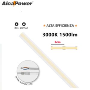 Strip LED COB 230V 15w/mt Luce Calda 1500 Lumen/mt IP65 Milky