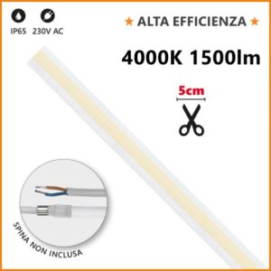Strip LED COB 230V 15w/mt Luce Natura 1500 Lumen/mt IP65 Milky