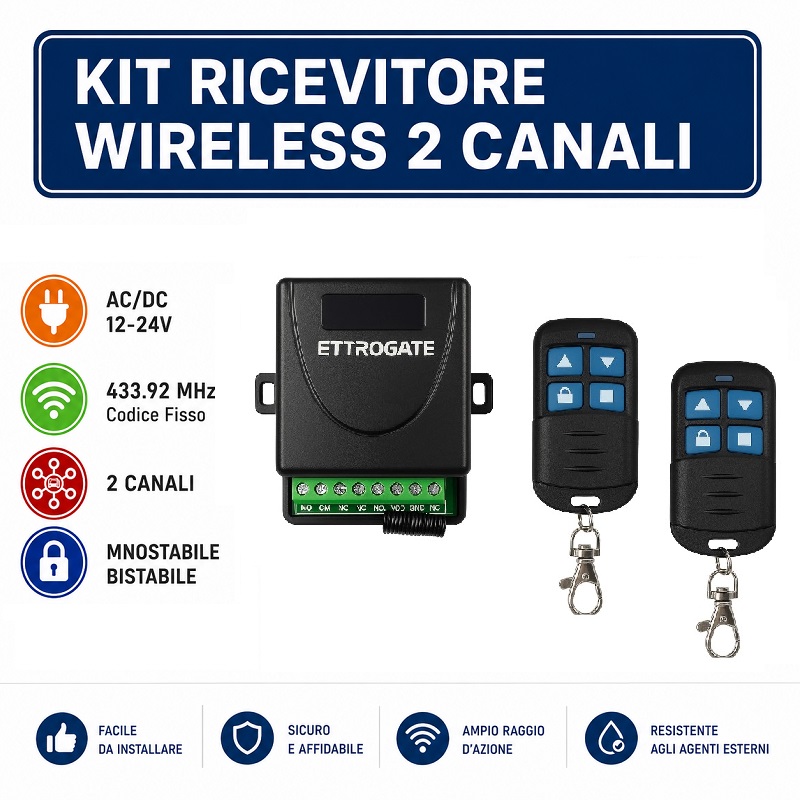 Kit Ricevente Radio 2 Canali Codice Fisso 433,92 + 2 Telecomandi Da Interno