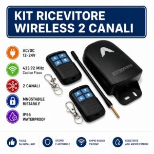 Kit Ricevente Radio 2 Canali Codice Fisso 433,92 + 2 Telecomandi Da Esterno