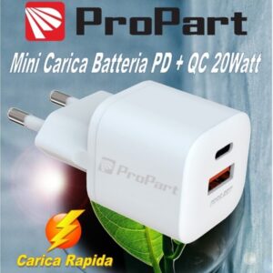 Carica Batterie Rapido Mini PD + QC 20w 2 out USB A + Type C 